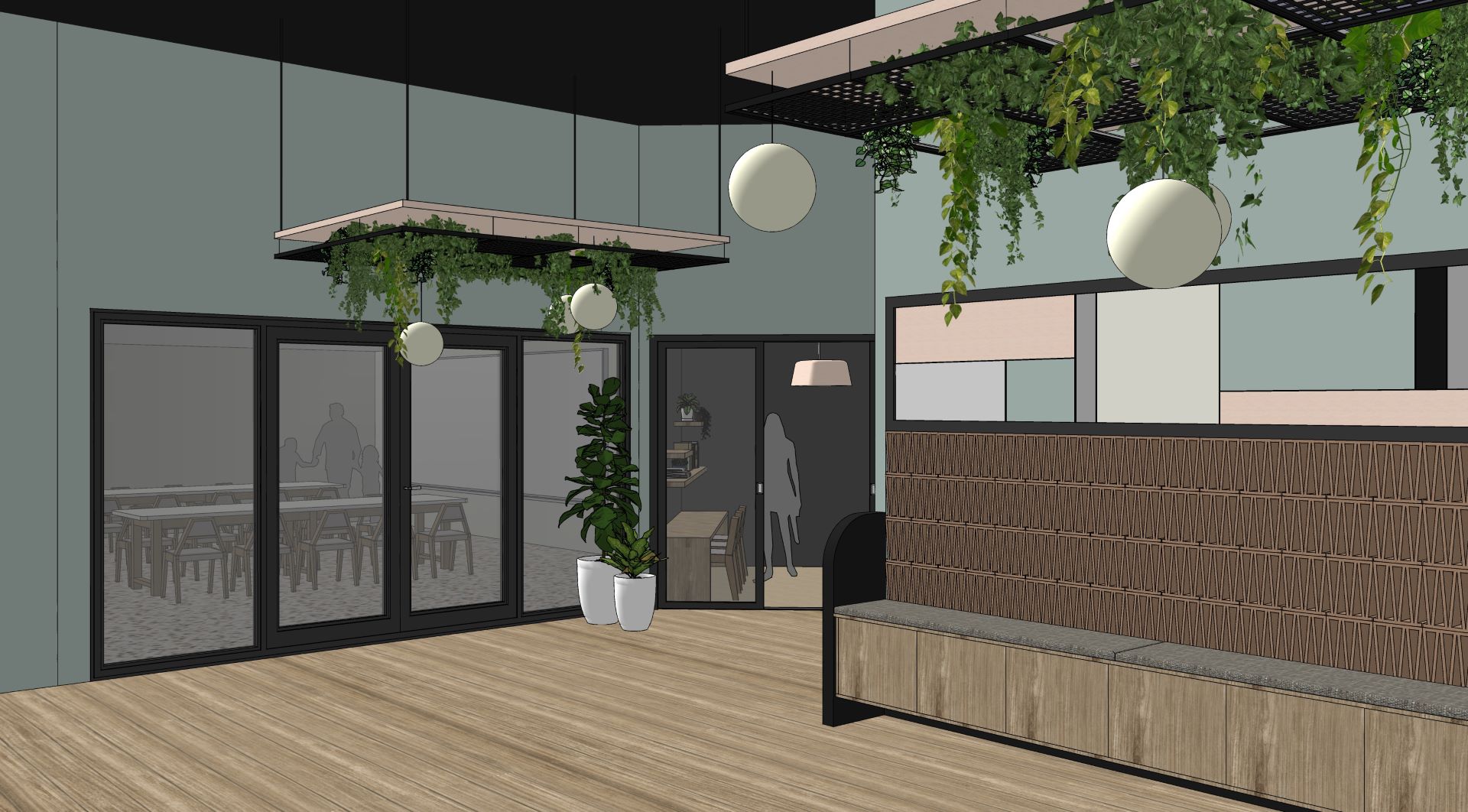 A view inside a school, looking past a group break-out area towards a wellness haven used for children experiencing sensory overload.